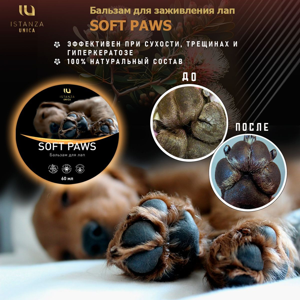 SOFT PAWS - Бальзам для лечения подушечек лап собак Натуральный состав  Эффективен при сухости, трещинах и гиперкератозе. Объем 30мл