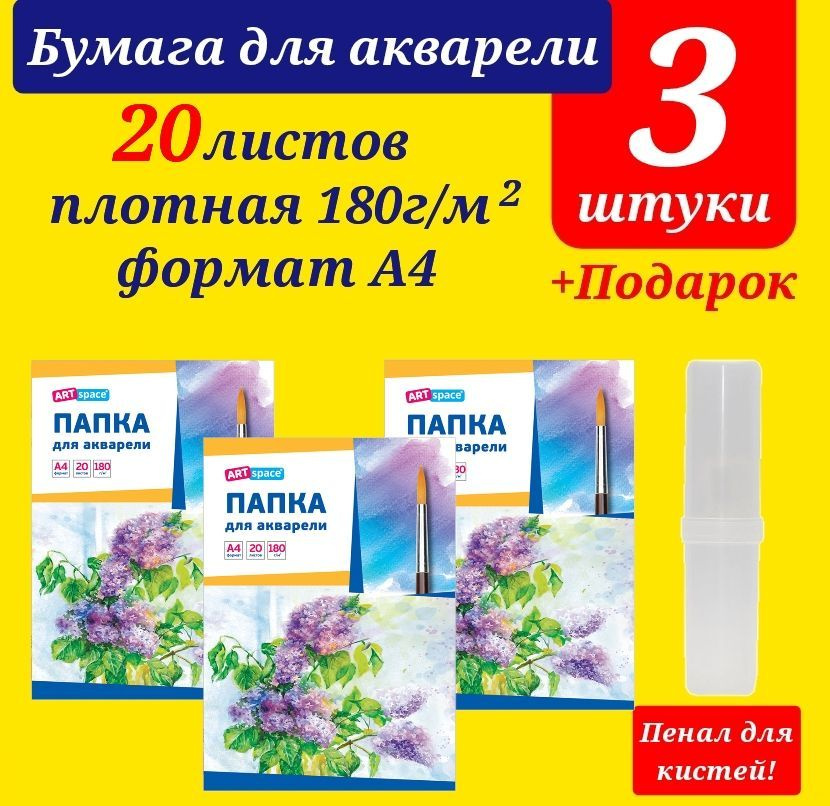 Папка для акварели А4, 60 листов (КОМПЛЕКТ из 3-х папок) + Подарок пластиковый пенал  #1