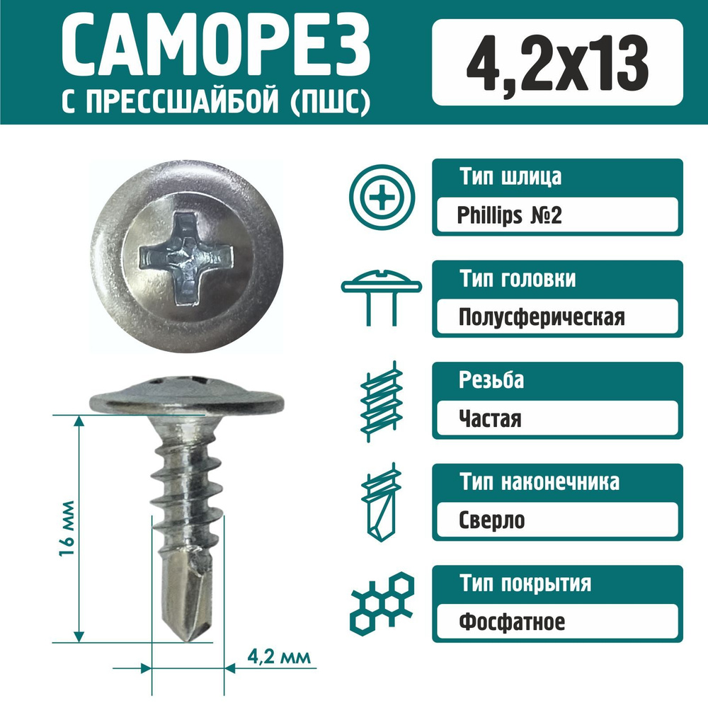 Саморез Rizzel с пресшайбой сверло 4,2х13 цинк (1000 шт) #1