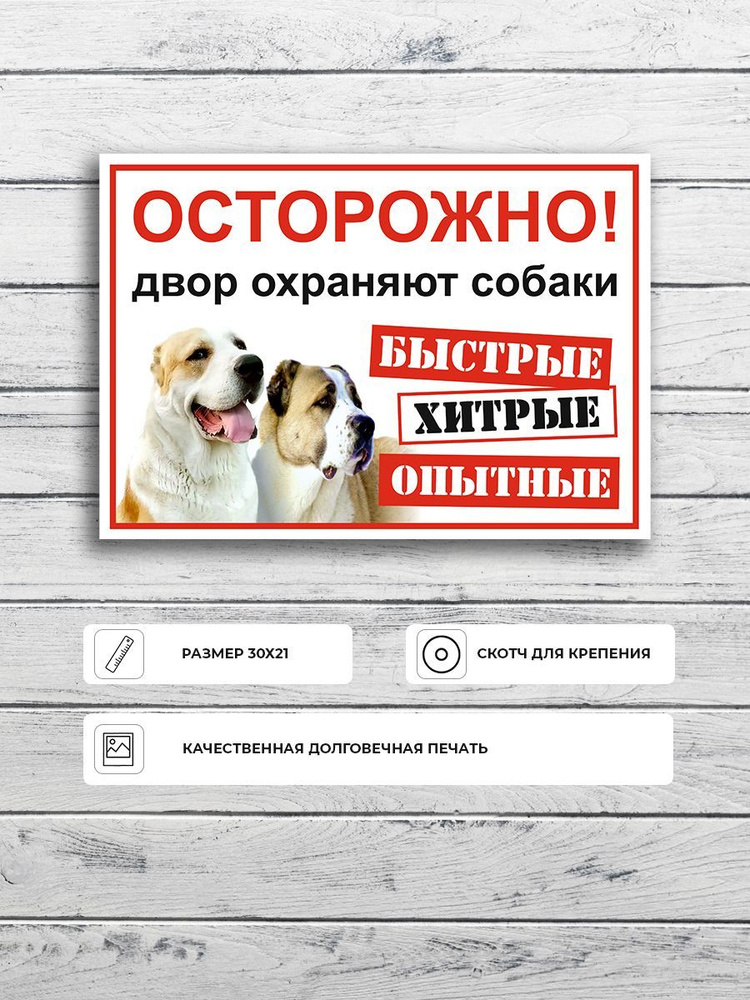 Табличка "Осторожно злая собака" с алабаями белая А5 (20х15см)  #1