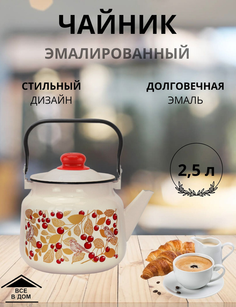 Чайник эмалированный для плиты с крышкой 2,5л. Птички и вишня бисквит МАГНИТОГОРСК  #1