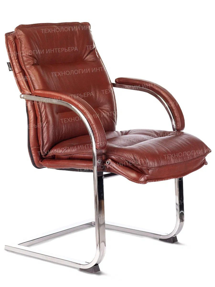 Офисное кресло посетителя T-9927SL-LOW-V светло-коричневый кожа, низкая спинка, полозья металл хром/ #1