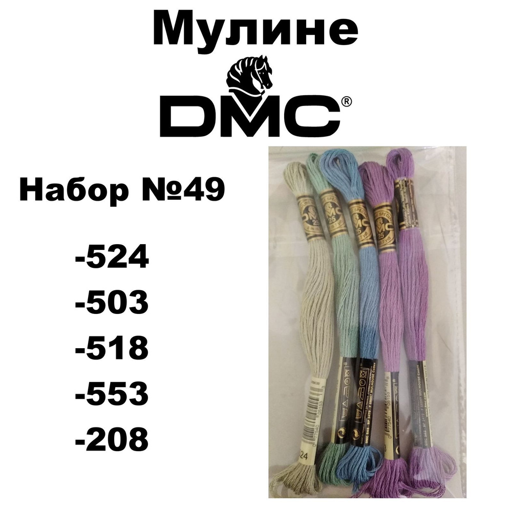 Нитки мулине DMC Embroidery для вышивания / Набор №49 / цвета 524, 503, 518, 553, 208  #1