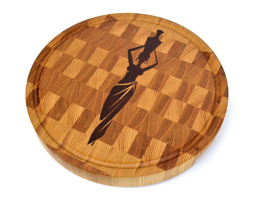 Торцевая доска из ясеня с инкрустацией "Африканка" Wooden Plate, 29 см, ясень/красное дерево сапеле / #1