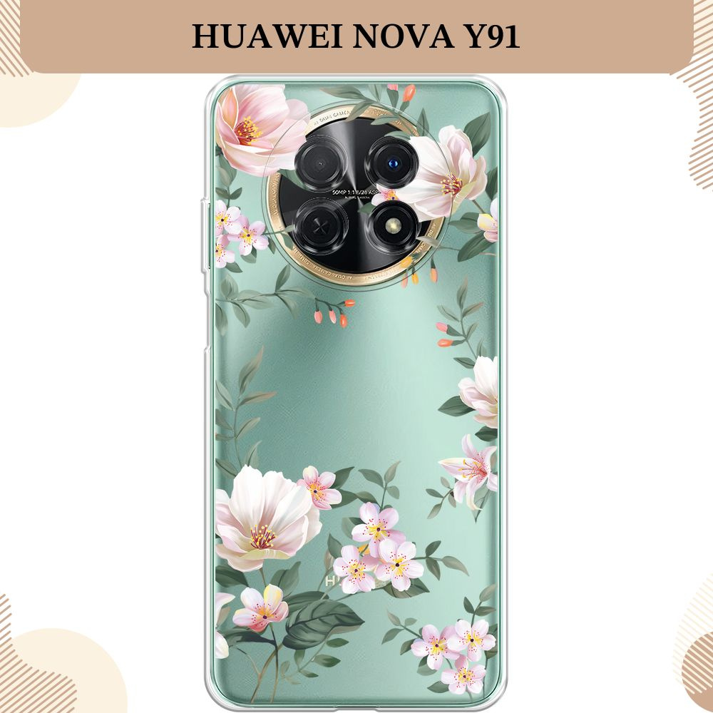 Силиконовый чехол на Huawei Nova Y91 / Хуавей Нова Y91, Beautiful white flowers, прозрачный  #1