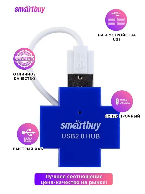 USB HUB, хаб на 4 порта Smartbuy USB 2.0 (SBHA-6900-B) синий #1