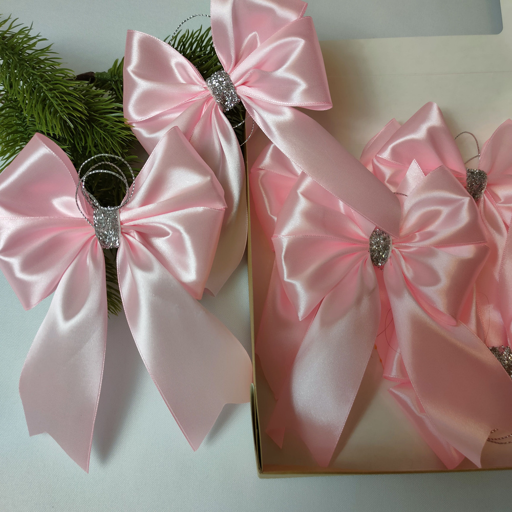 Елочное украшение, набор бантики на елку 10 шт ярко розовый с серебряным декором  #1