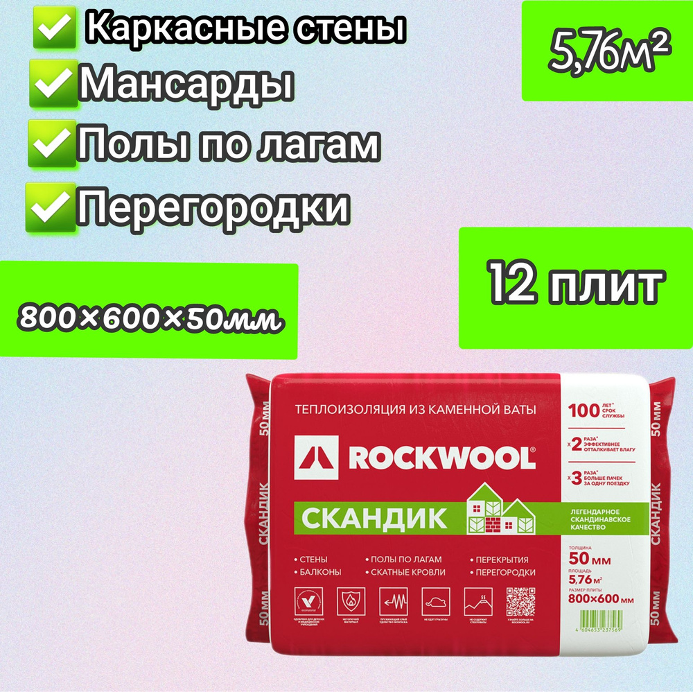 Утеплитель для стен, перегородок, потолка, теплоизоляция из каменной ваты  Rockwool 50мм 5,76м2 купить по доступной цене с доставкой в  интернет-магазине OZON (1269784124)