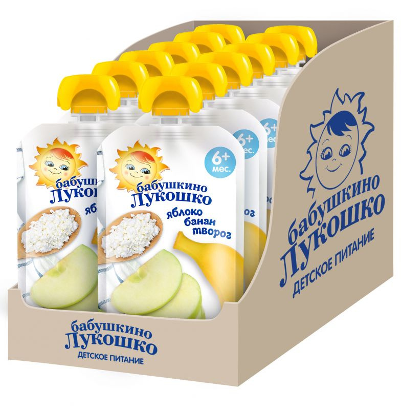 Пюре Бабушкино Лукошко из яблок и бананов с творогом, с 6 месяцев, 90 гр., 12 шт.  #1