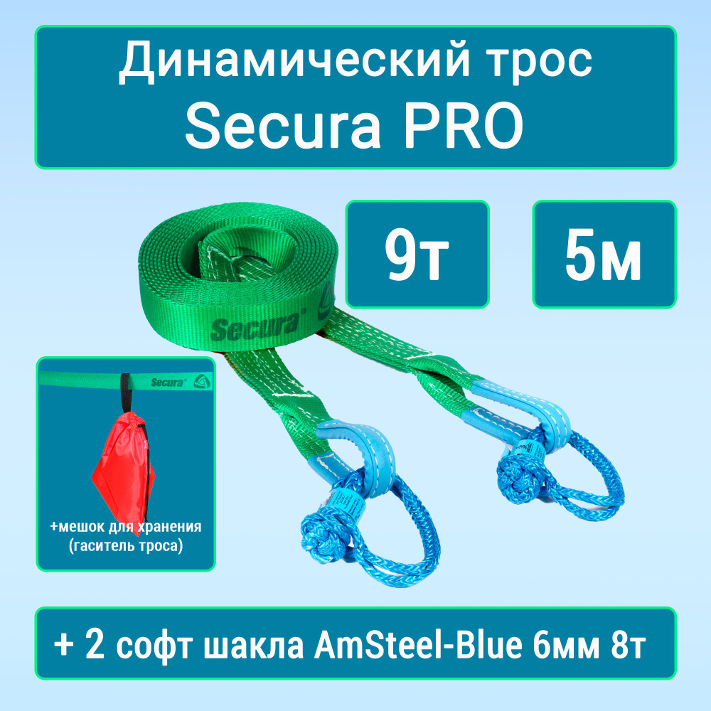 Динамическая стропа "Secura PRO" 9т 5м с софт шаклами AmSteel-Blue 6 мм "Double" (2 шт) и мешком для #1