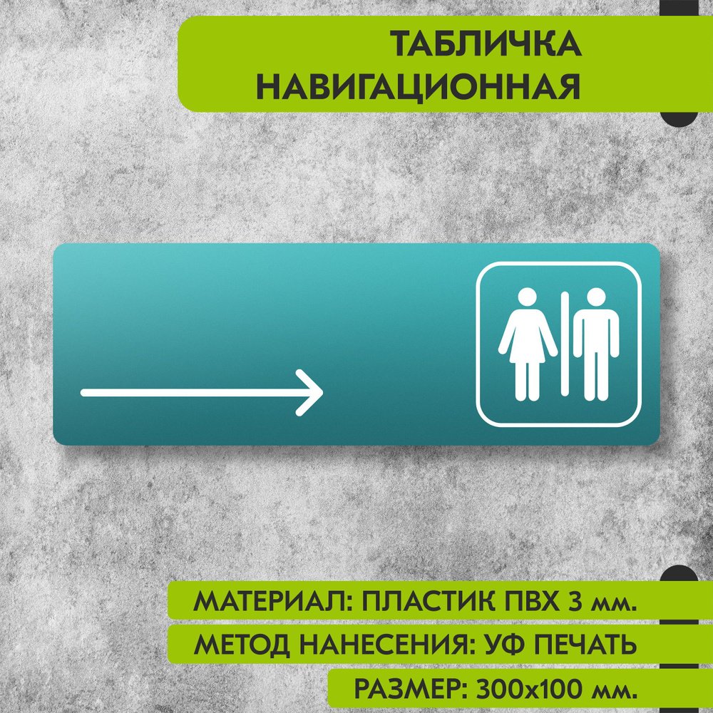 Табличка навигационная "Туалет направо" бирюзовая, 300х100 мм., для офиса, кафе, магазина, салона красоты, #1