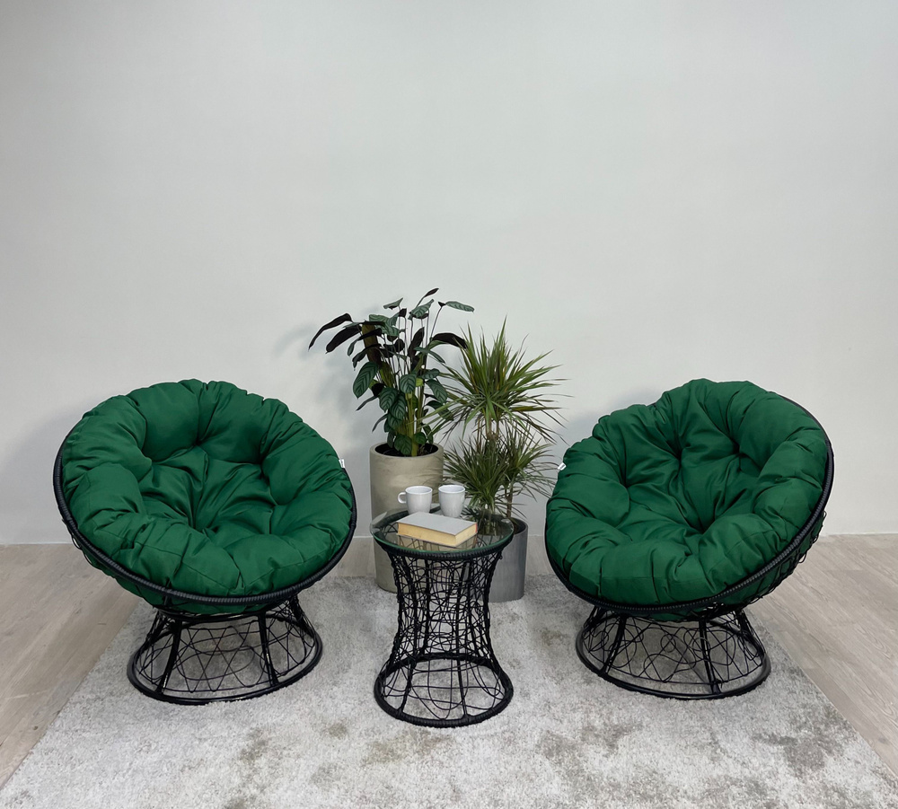 Набор садовый ПАПАСАН ПЛЮС 2 кресла и столик (черный) + 2 подушки (зеленый)  #1