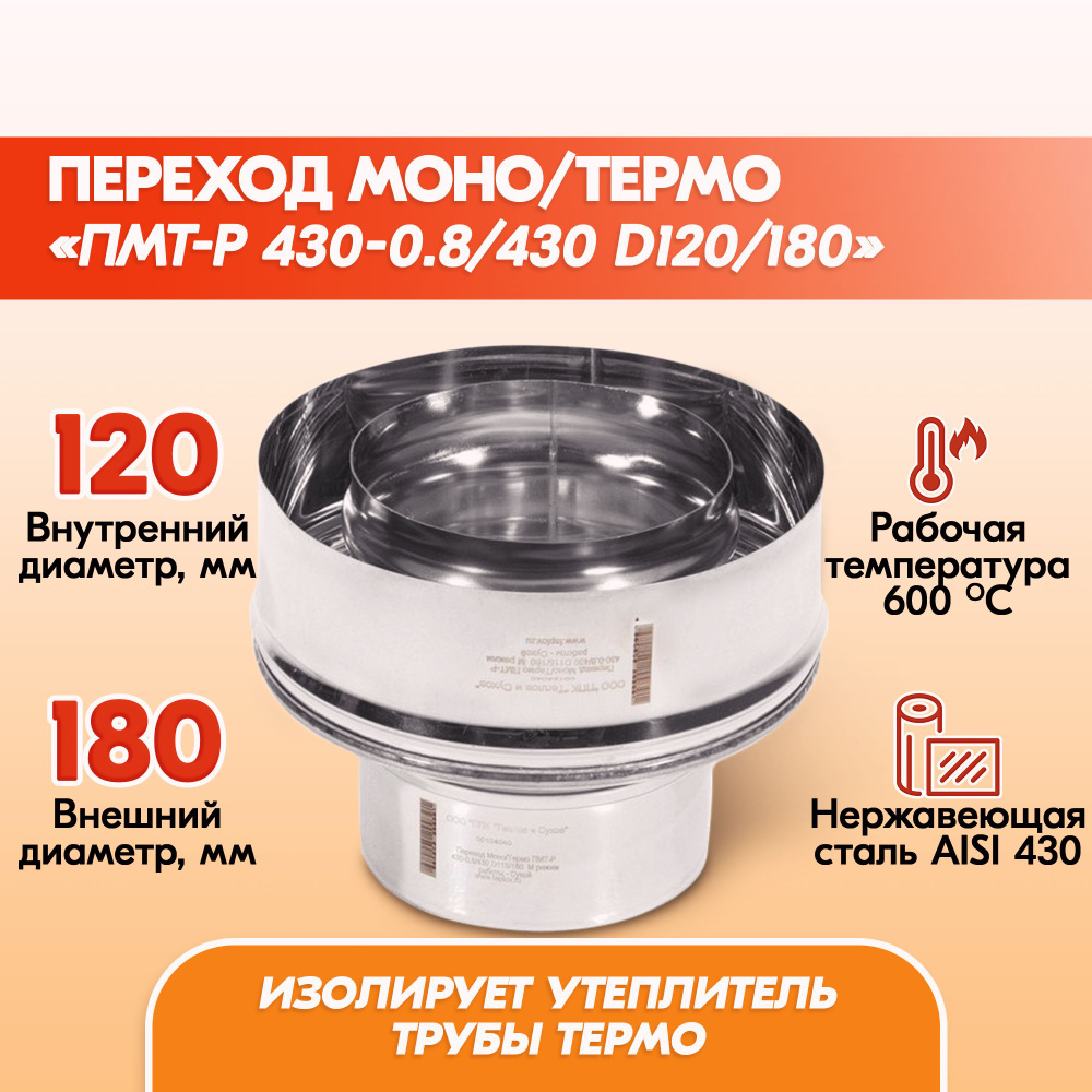 Переход Моно/Термо ПМТ-Р 430-0.8/430 D120/180 дымохода, переход моно термо из нержавейки для сэндвич #1