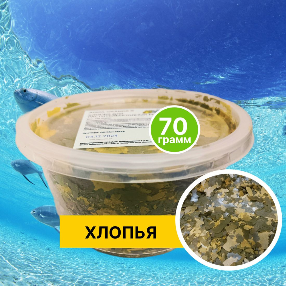 Корм сухой - Корм для рыбок аквариумных AQUA-GRANDE, хлопья для растительноядных рыб, 70г., контейнер #1