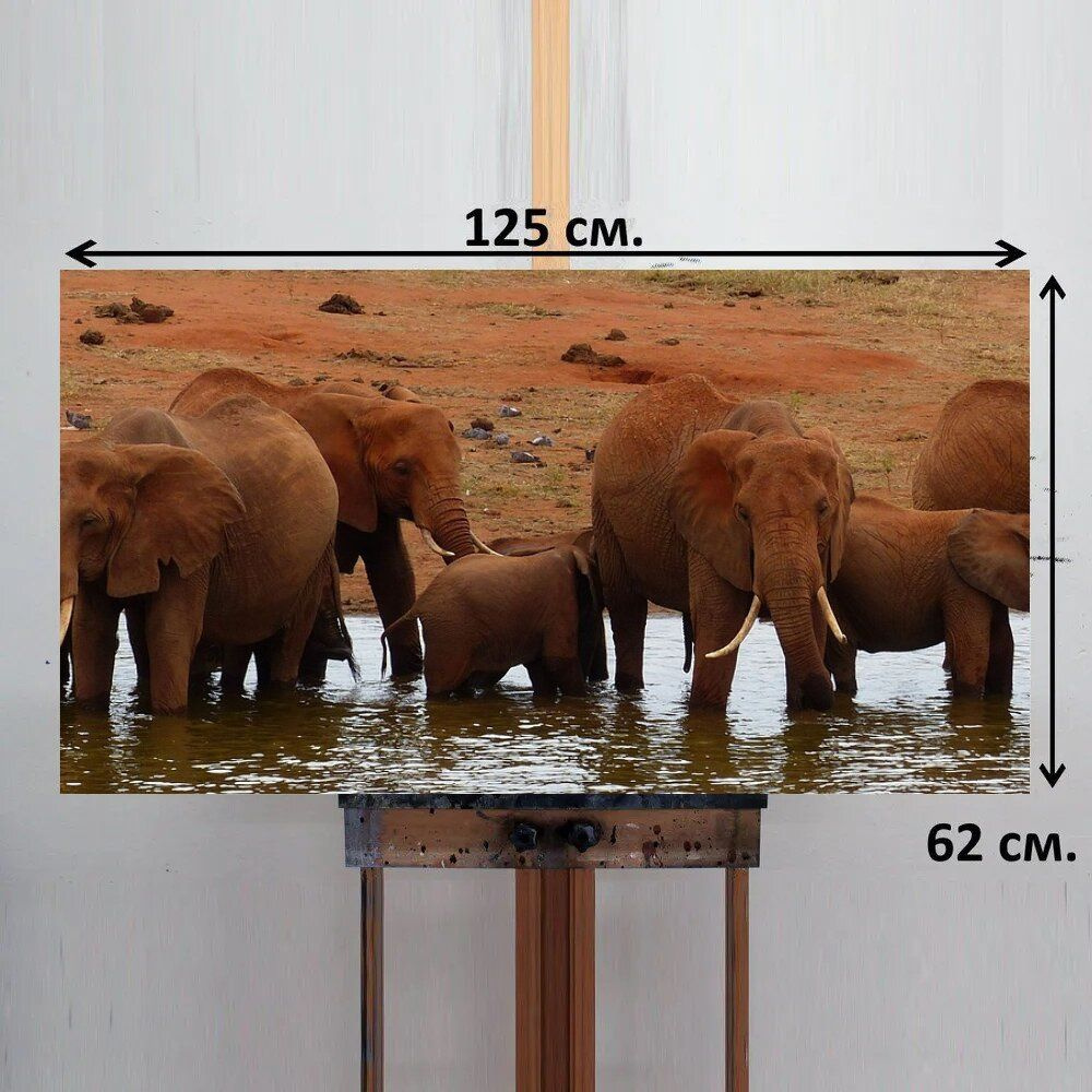 LotsPrints Картина "Слоны, дикий, отверстие для воды 54", 125 х 62 см  #1