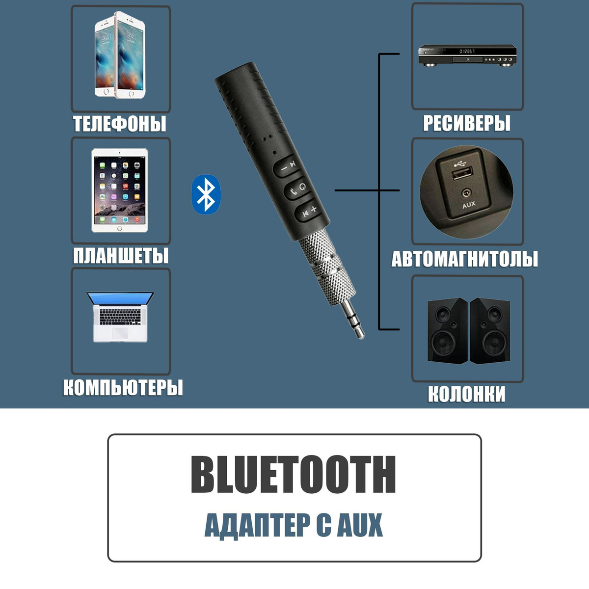 Bluetooth адаптер AUX с микрофоном, Автомобильный блютуз ресивер AUX,  JBH BT-03, чёрный