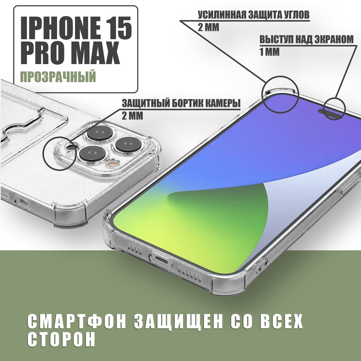 Противоударный чехол с кармашком для карт для Apple iPhone 15 Pro Max / силиконовый прозрачный чехол с защитой камеры и картхолдер на Айфон 15 Про Макс