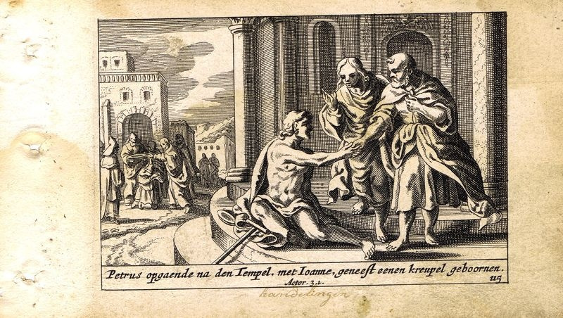 Антикварная резцовая гравюра, офорт. Новый Завет. Исцеление хромого. Нидерланды, 1659 год  #1