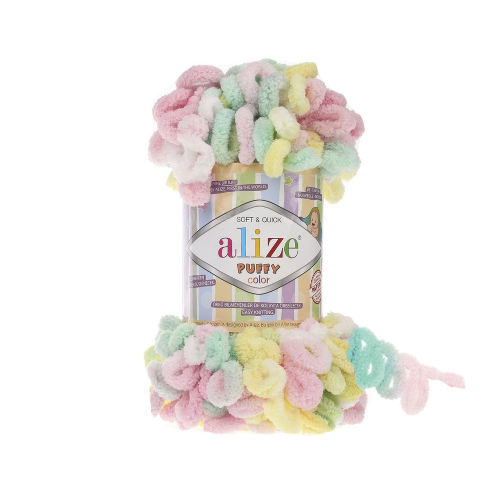 Пряжа Alize Puffy Color 100г, 9м (Ализе Пуффи Колор) Плюшевая для вязания петельками, цвет 5862 бел/желт/роз/мята, #1