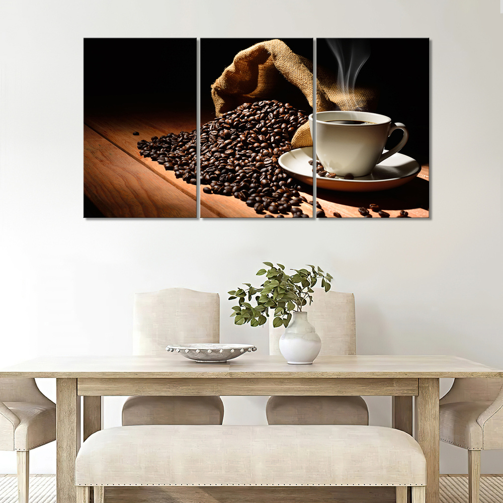 Большая модульная картина на холсте - Coffee beans and a cup/Кофейные зёрна и чашка 150х80  #1