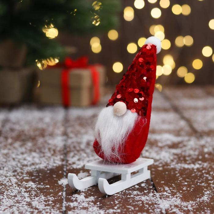 Мягкая игрушка "Дед Мороз на санках" пайетки, 5х13 см, красный  #1