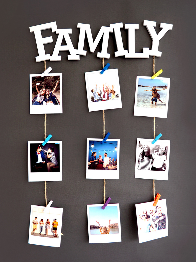 Фоторамка "Family (Семья)" на 30 фото, белая, гирлянда с прищепками, держатель для фотографий, семейное #1