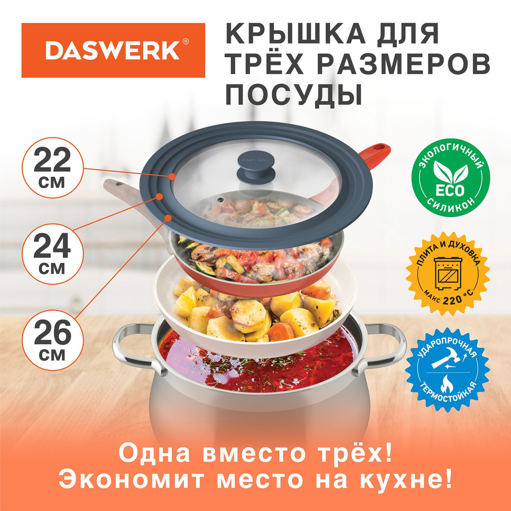 Крышка для любой сковороды и кастрюли универсальная 3 размера (22-24-26 см) антрацит, DASWERK, 607586 #1