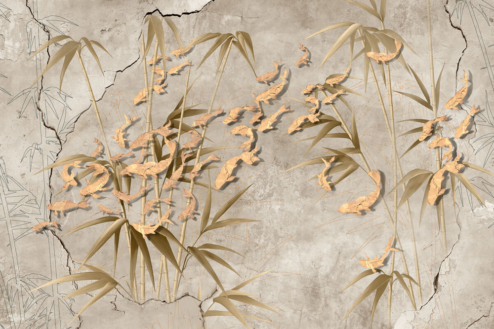 Фотообои флизелиновые на стену 3д GrandPik 17149 "Золотые рыбки в бамбуке", (ШхВ) 300х200 см  #1