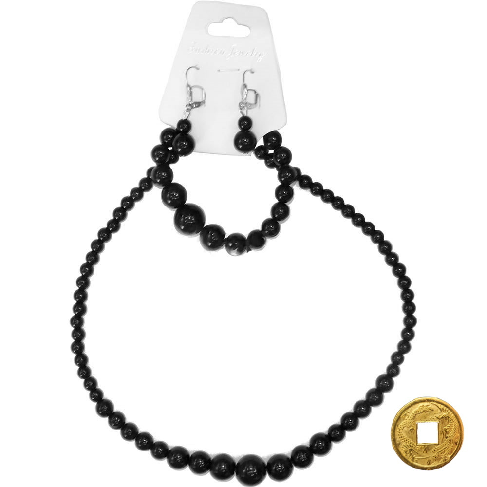 Бусы, браслет, серьги из черного агата (комплект) + монета "Денежный талисман"  #1