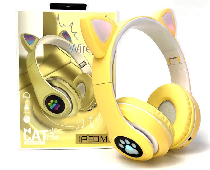 Беспроводные светящиеся наушники с кошачьими ушками, золотистые/ Bluetooth наушники . / Наушники с радужными #1