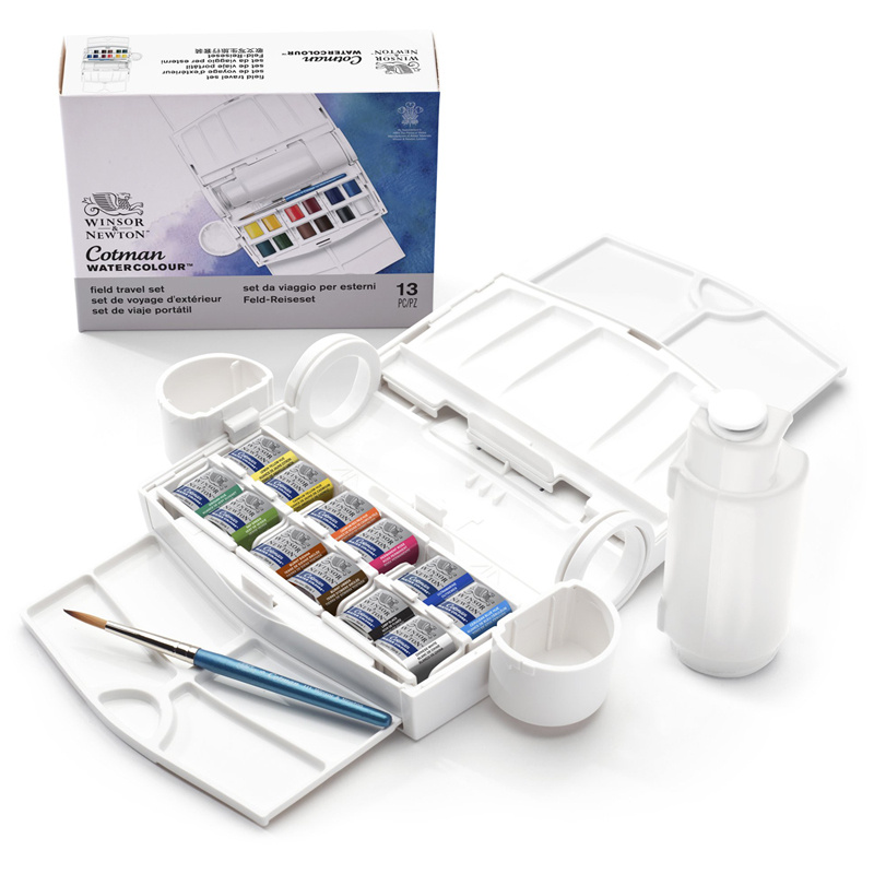 Набор акварель Winsor&Newton "Cotman Field Plus" 12 мал. кюв. + аксессуары (кисть, фляжка), пласт. Коробка #1