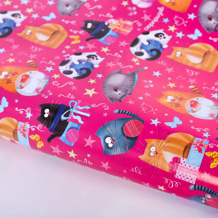 Упаковочная бумага для подарков детская глянцевая Коты 70х100 см 1 лист  #1
