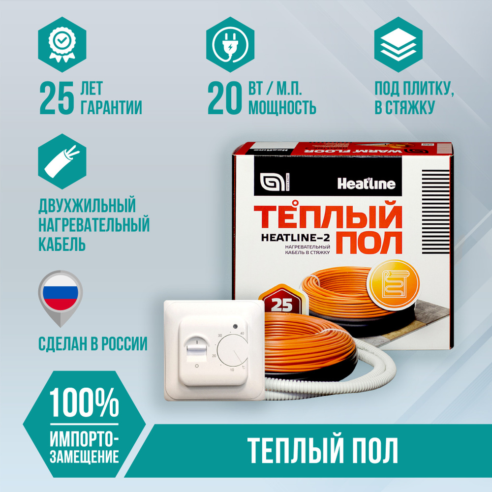 Теплый пол с терморегулятором HEATLINE-2 греющий кабель 28 м.п  #1