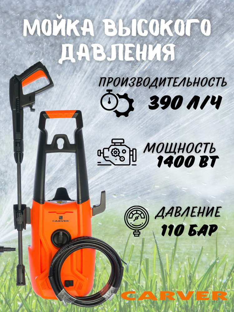 Мойка высокого давления CARVER CW-1400C - 1400Вт; (давление 80-110 бар с колесами) портативная автомойка-минимойка, #1