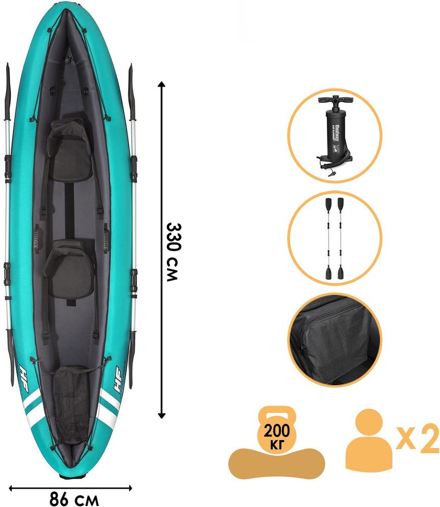 Надувная байдарка двухместная, каяк для гребли и сплавов с 2 веслами и 2 съемными ребрами, в комплекте #1