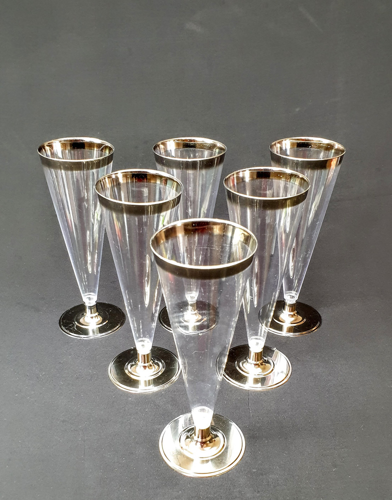ФУЖЕР одноразовый для шампанского 150 мл прозрачный с серебряной полосой и съёмной ножкой - 6 штук VINTAGE #1
