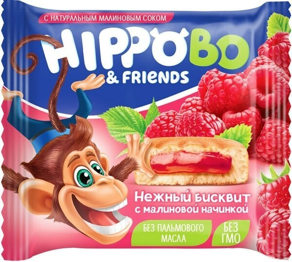 Бисквитное пирожное HIPPO BO & friends с малиновой начинкой, 12шт по 32 г  #1