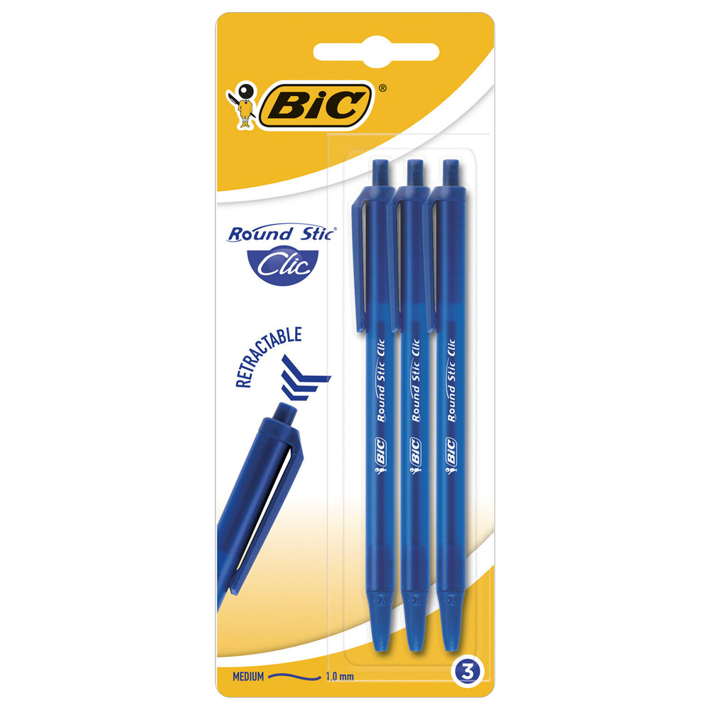 Ручки шариковые автоматические BIC "Round Stic Clic", НАБОР 3 шт., СИНИЕ, линия письма 0,32 мм, блистер, #1