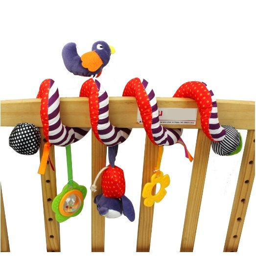 Игрушка-спираль гибкая, погремушка развивающая на кроватку, коляску, красно-синяя "ПТИЧКА" с игрушками #1