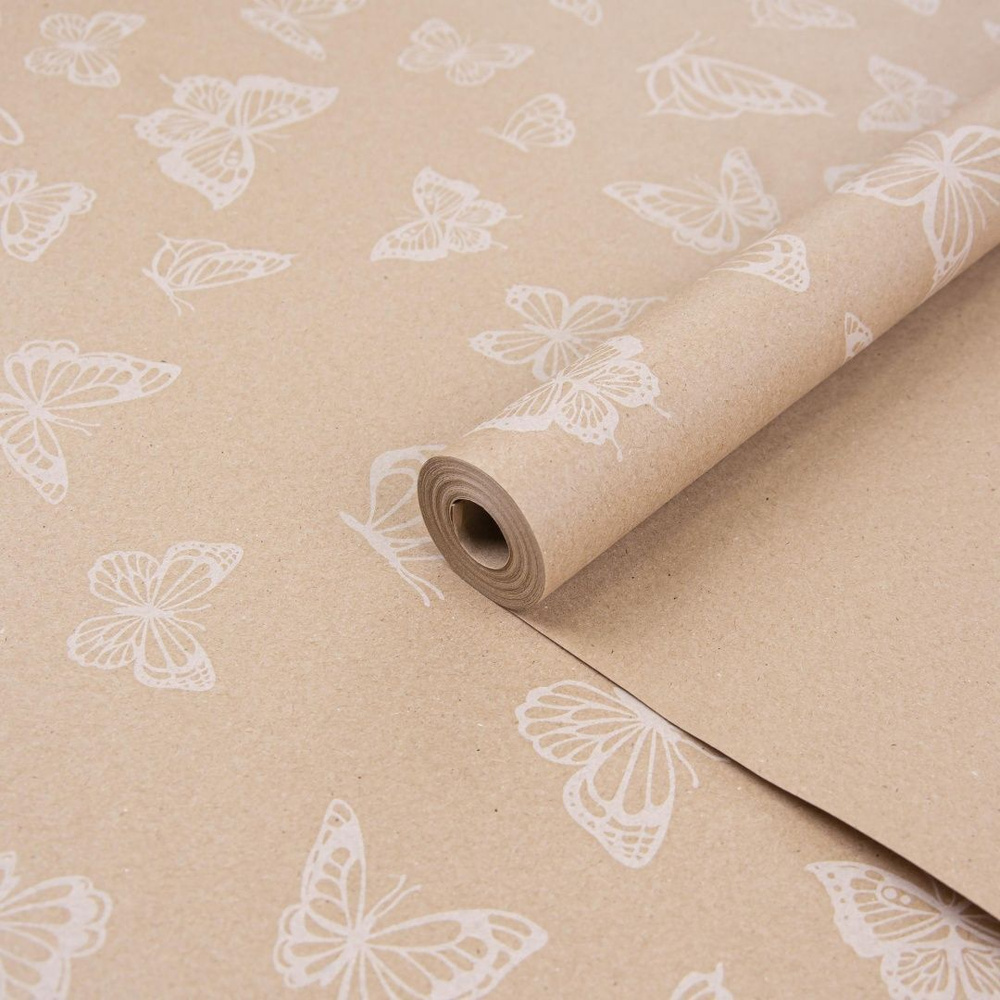 Крафт бумага в рулоне / с рисунком "Бабочки" Белый / 0,7м*7,5м (70гр/м2)  #1