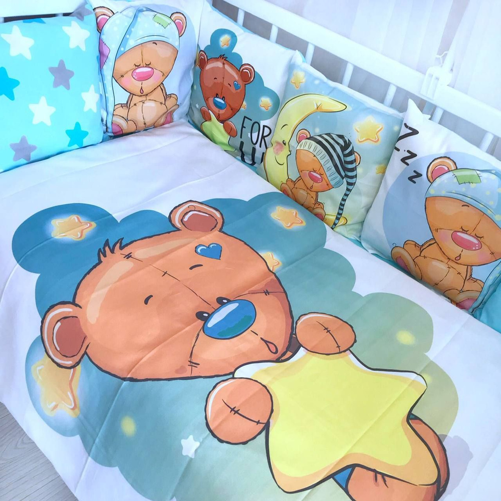 Бортики для кроватки Голубой мишка звезды 100018 / Бортики для детской кровати комплект / Постельное #1