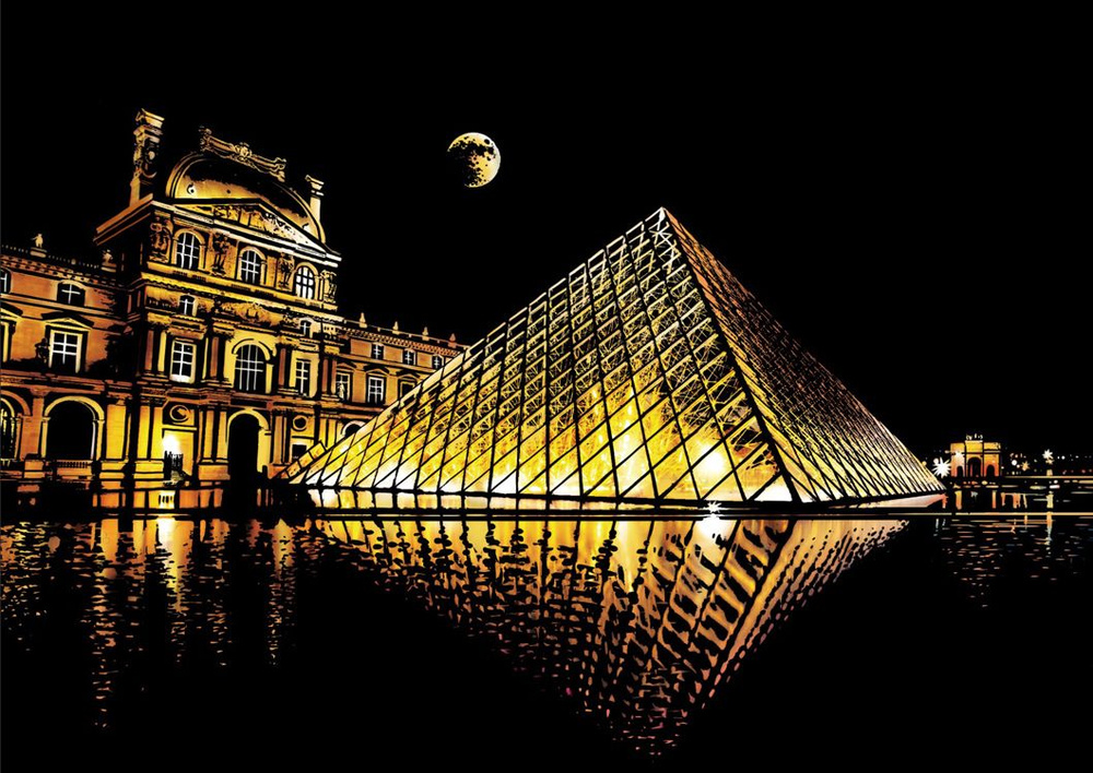 Красочная скретч-картина Лувр Париж на черном фоне #1