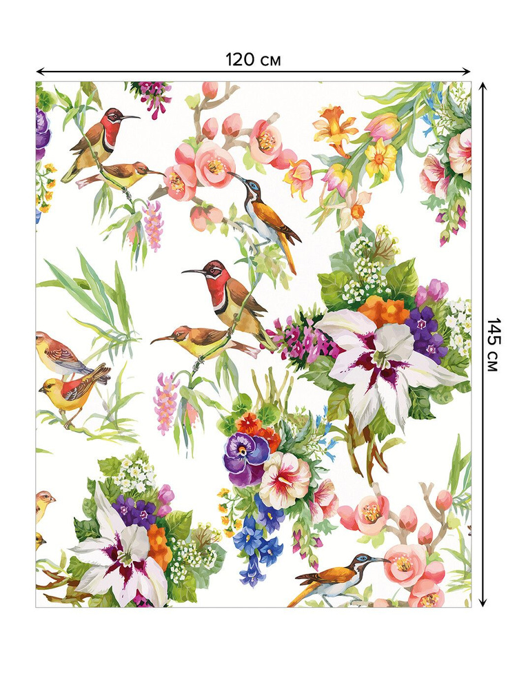 Прямоугольная водоотталкивающая скатерть на стол JoyArty с рисунком "Композиции цветов и птичек" 120 #1