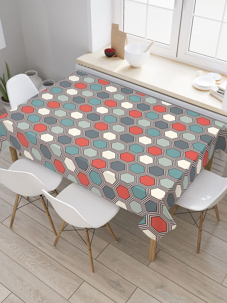 Прямоугольная водоотталкивающая скатерть на стол JoyArty с рисунком "Цветные шестиугольники" 120 на 145 #1