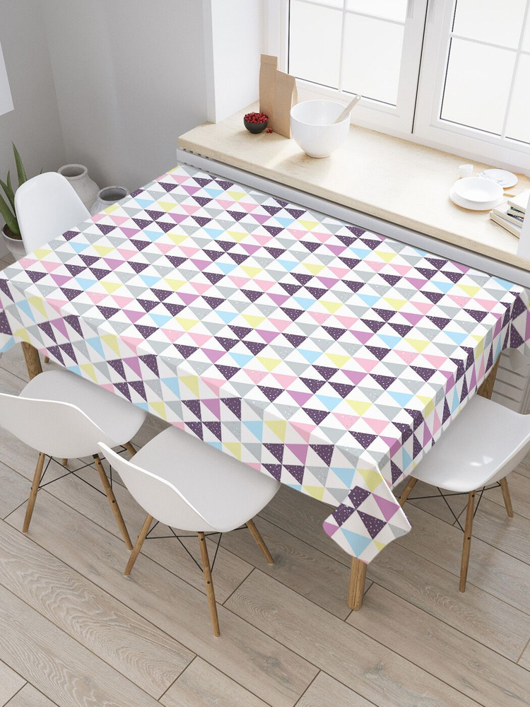 Прямоугольная водоотталкивающая скатерть на стол JoyArty с рисунком "Брызги на цветных треугольниках" #1