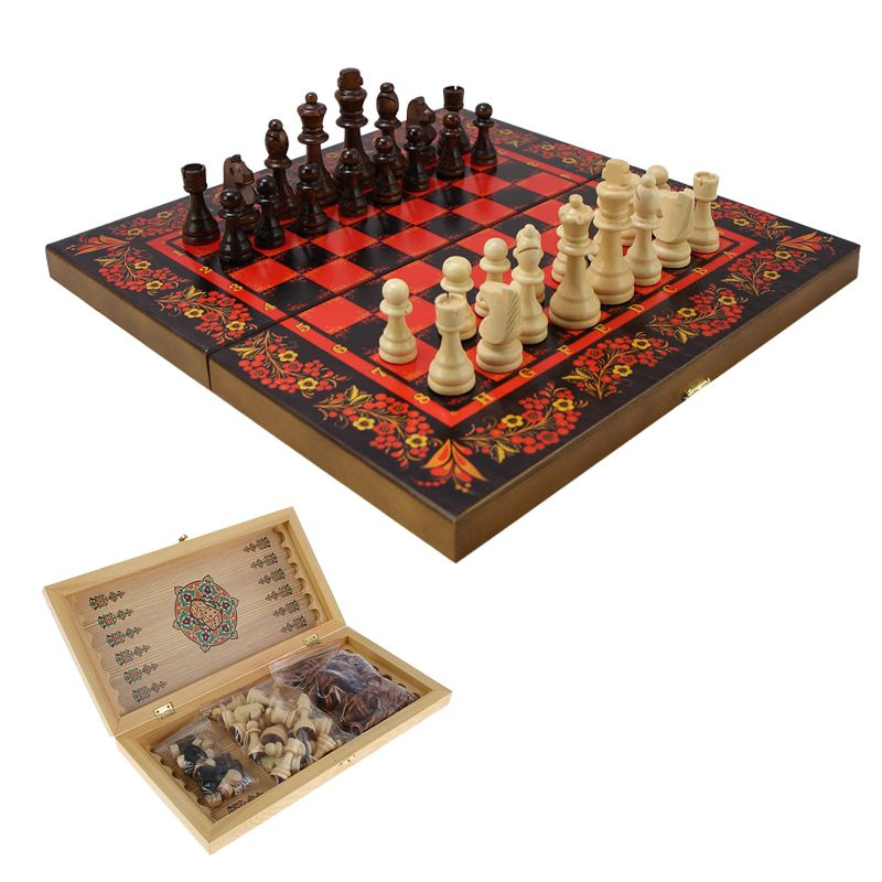 Набор игр шахматы нарды, шашки с доской Хохлома красная  #1