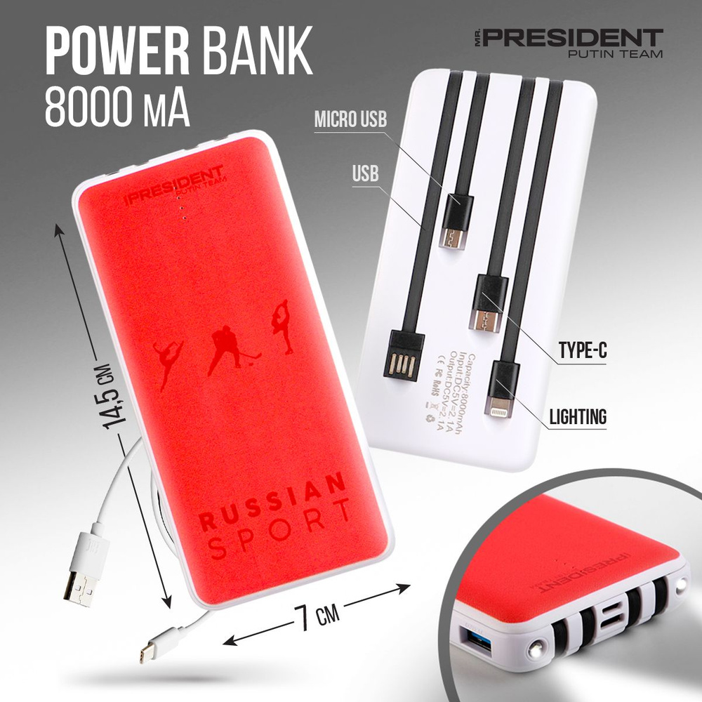 MR PRESIDENT PUTIN TEAM Внешний аккумулятор PWRBN7816727._Lightning_USB Type-C_USB_microUSB, 8000 мАч, #1