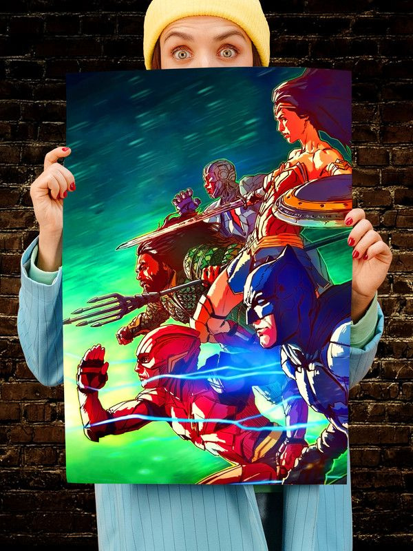 Постер интерьерный Лига справедливости 4, 70х46 см. Матовый яркий. Супергерои Бэтмен Чудо Женщина Аквамен #1