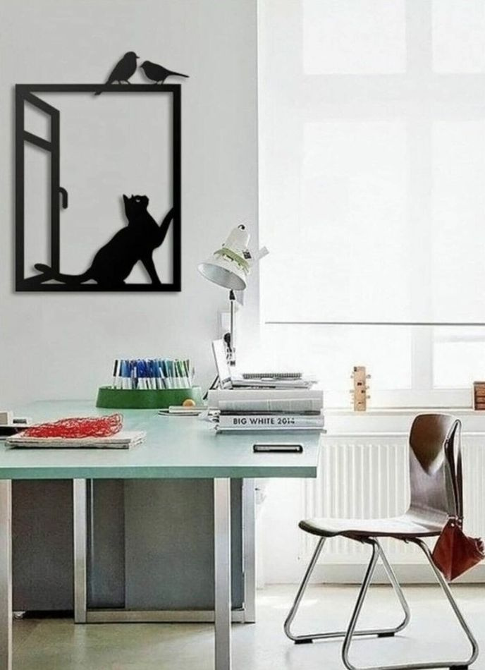 Панно настенное "Кошку в окошке" из дерева для интерьера. Декор для дома на стену черный  #1