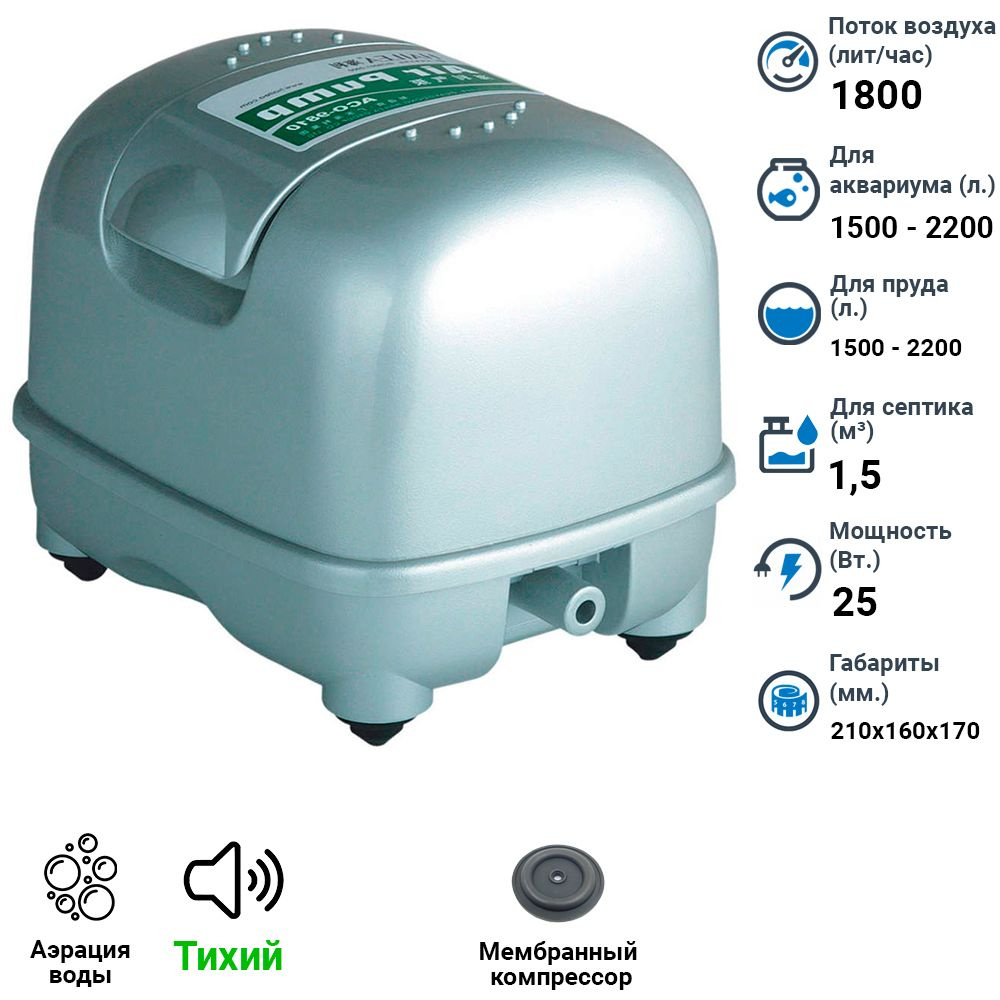 Тихий воздушный компрессор для аквариума и пруда от 1500 до 2200 литров, Hailea ACO 9810.  #1